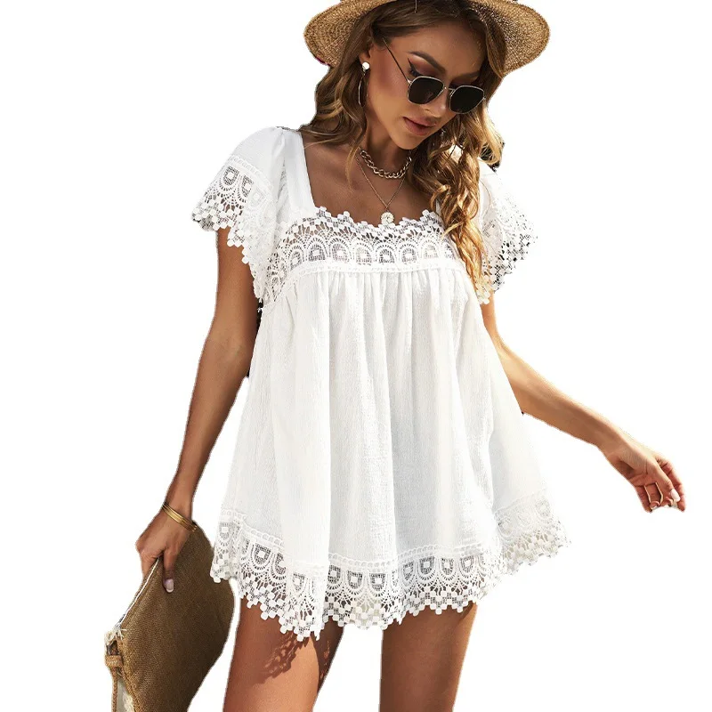 2022 summer new solid color casual lace shirt European and American ladies loose all-match U-neck short-sleeved shirt