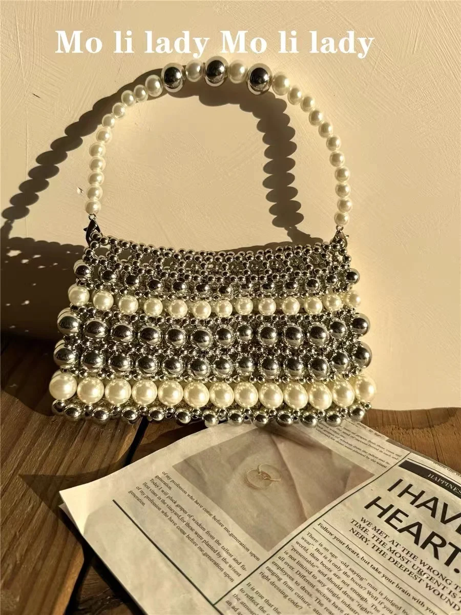 

Shiny Beads Beading Woven Handmade Square Bag Women Fashion Handbag Shoulder Underarm Bag Lady Purse Casual Bag Mobile Phone Bag