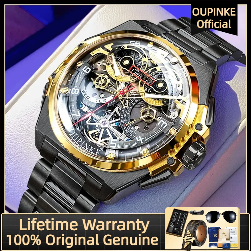 OUPINKE TOP Brand Automatic Watch for Men High Quality Tungsten steel Fashion Man Watch 45mm Big Dial Hollow Male Wristwatch