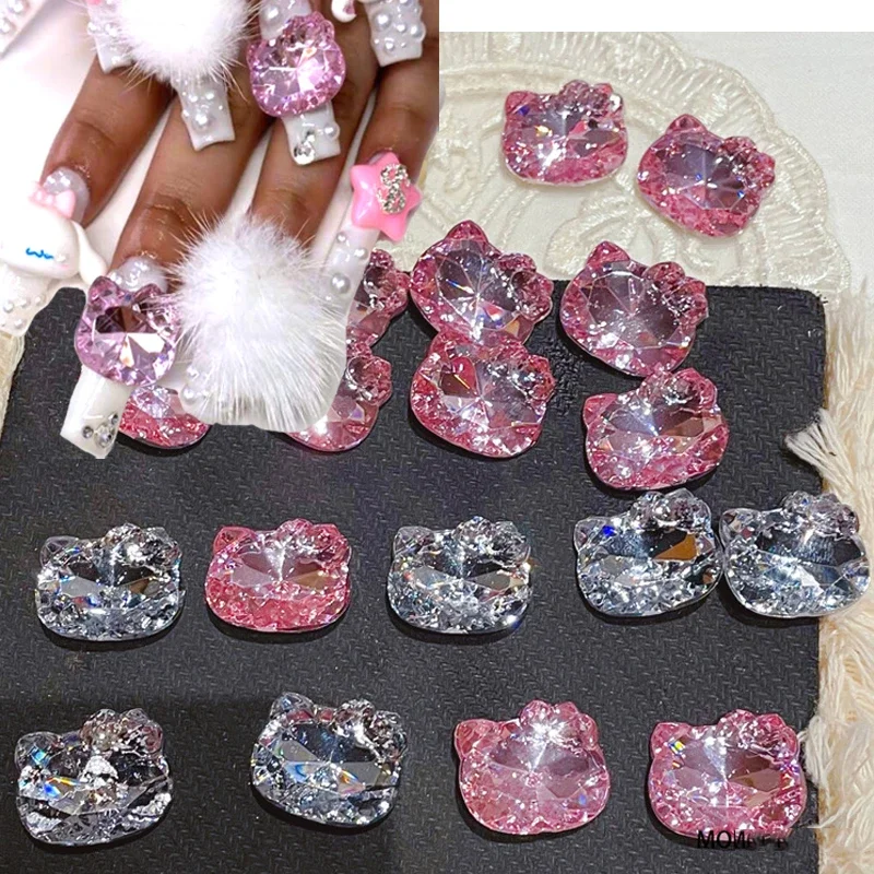 10pcs Pink Crystal Cartoon Cat Nail Art Charm 3D 17MM Acrylic Transparent Cat Nail Gem Rhinestone Kawaii Nail Accessories