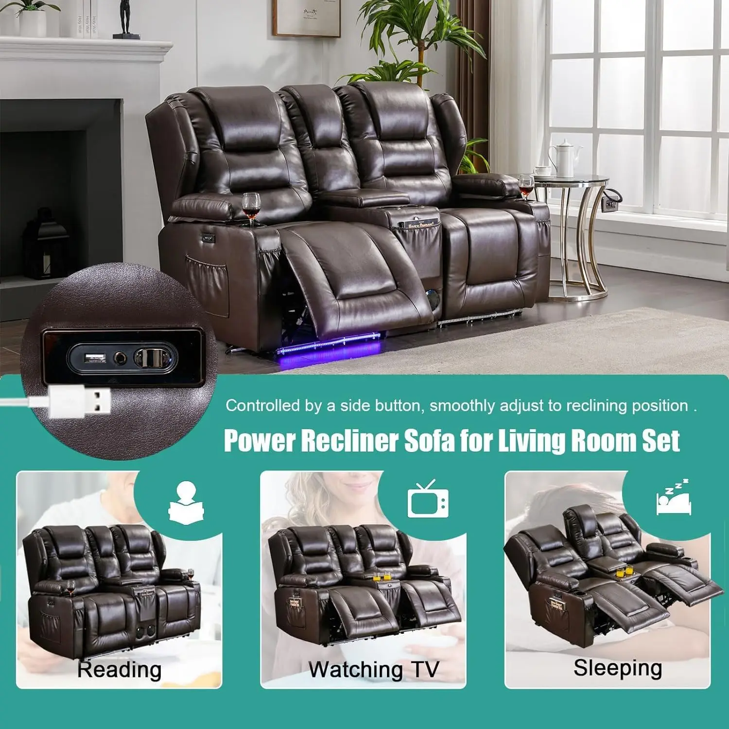 Power Loveseat Liegesofa – Elektrische Heimkino-Sitze, RV-Liegestuhl mit Konsole, 2-Sitzer-Sofa für Wohnmobile