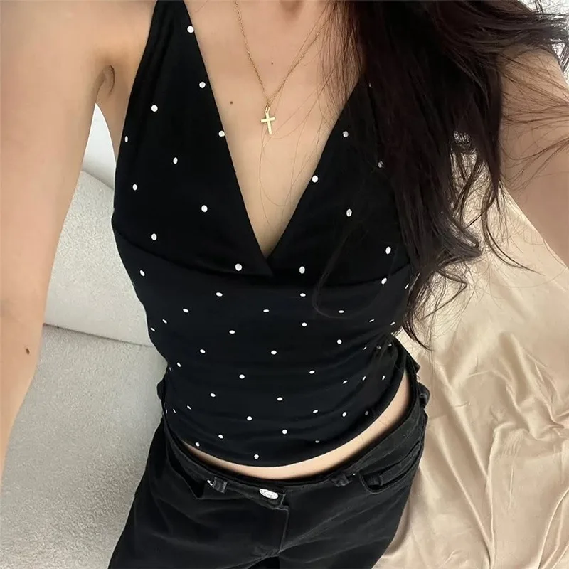 2026 European And American Summer: Sleeveless, Form - Fitting, Cropped Halter V - Neck Polka - Dot Printed Camisole Tops.
