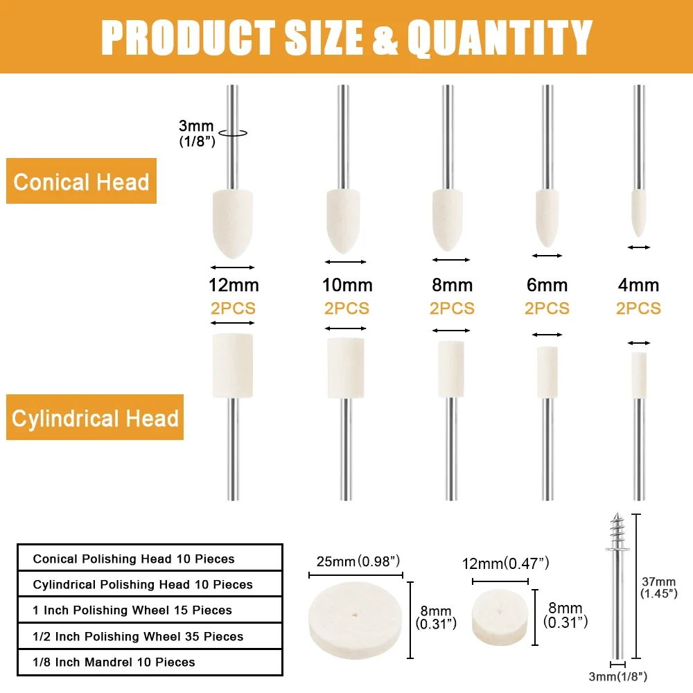 80 قطعة من عجلات تلميع الصوف لـ Dremel، مجموعة وسادات تلميع اللباد عرقوب 1/8 بوصة، مجوهرات/تلميع المعادن وملحقات الأدوات الدوارة