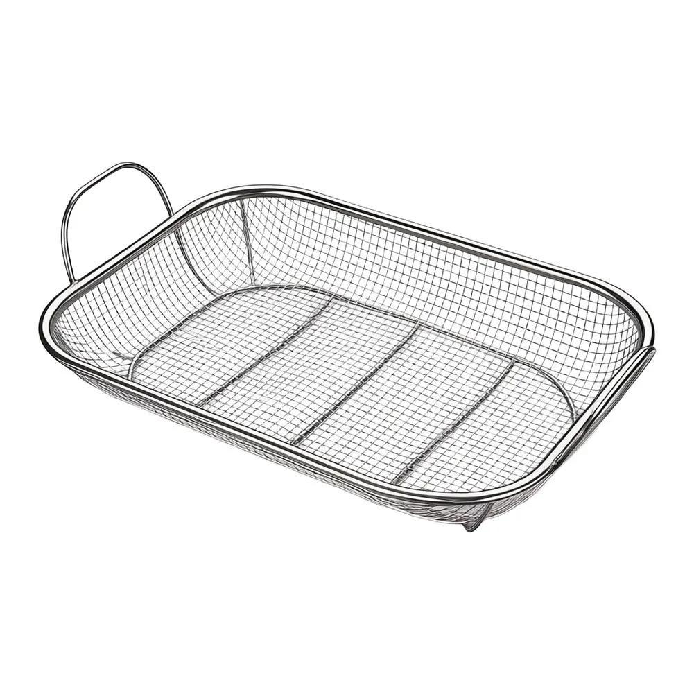 Stainless Steel Grill Basket 42 x 27.5 x 10 cm with Heat Resistant Handles for Outdoor Barbecue and Easy Dishwasher Cleaning