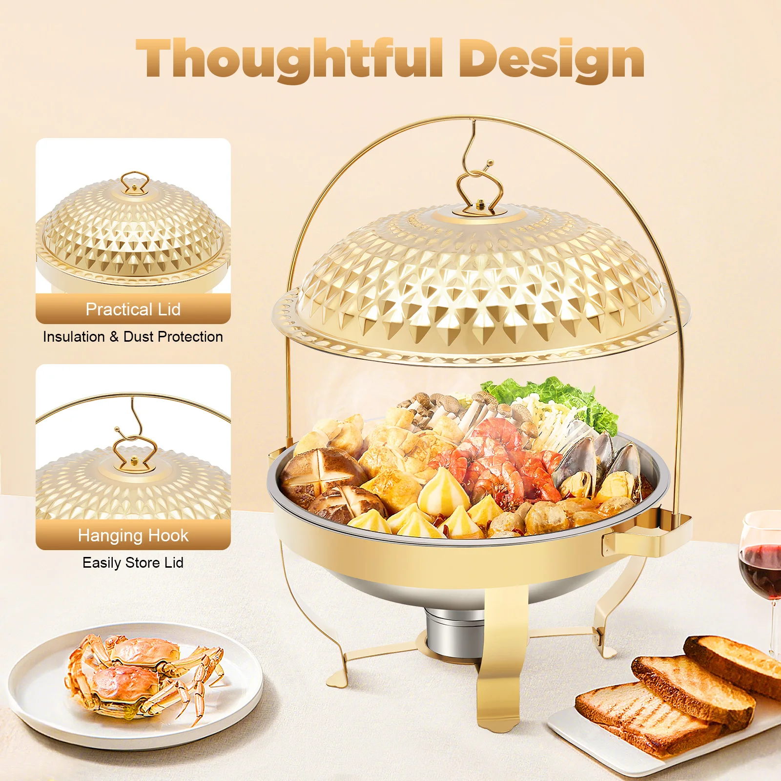 

8L Diamond Hanging Lid Chafing Dish, Gold Stainless Steel Buffet Food Warmer with Alcohol Burner for Catering Party