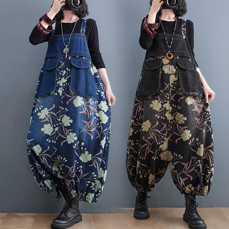 

High-End Anti-Aging Autumn Winter Loose Casual Waed Denim Overalls Belly Covering Slimming True Tube One-Piece Pants