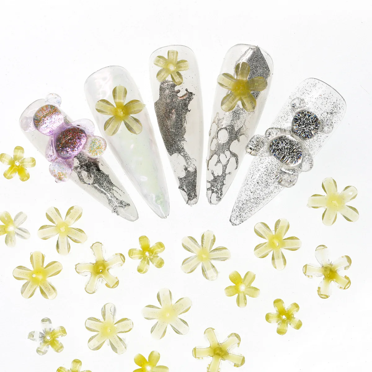 100PC 7MM 10MM 3D Acrylic Flower Nail Parts Decoration Five Petal Flower Charm Kawaii Nail Supplies For Professional Accessories