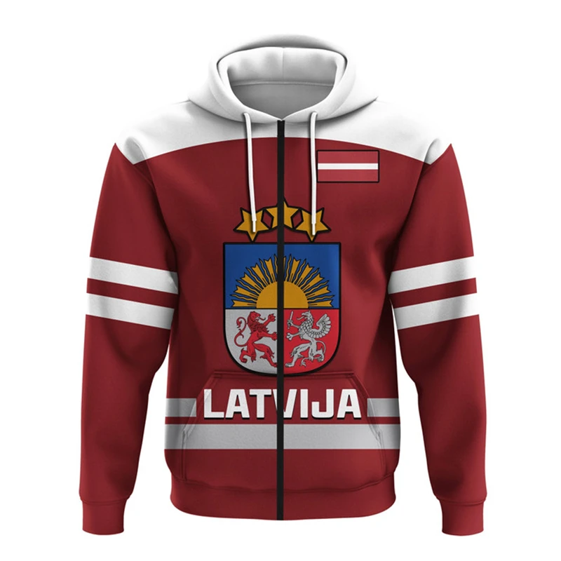 Latvia Emblem Flag 3D Printed Zip Up Hoodies Men Clothing Fashion Autumn New Outwear Coat Mens Designer ClothesTracksuit Tops