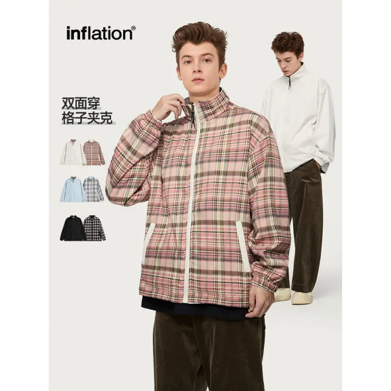 Double-sided plaid coach jacket 2024 new autumn/winter personality loose casual stand collar coat for men