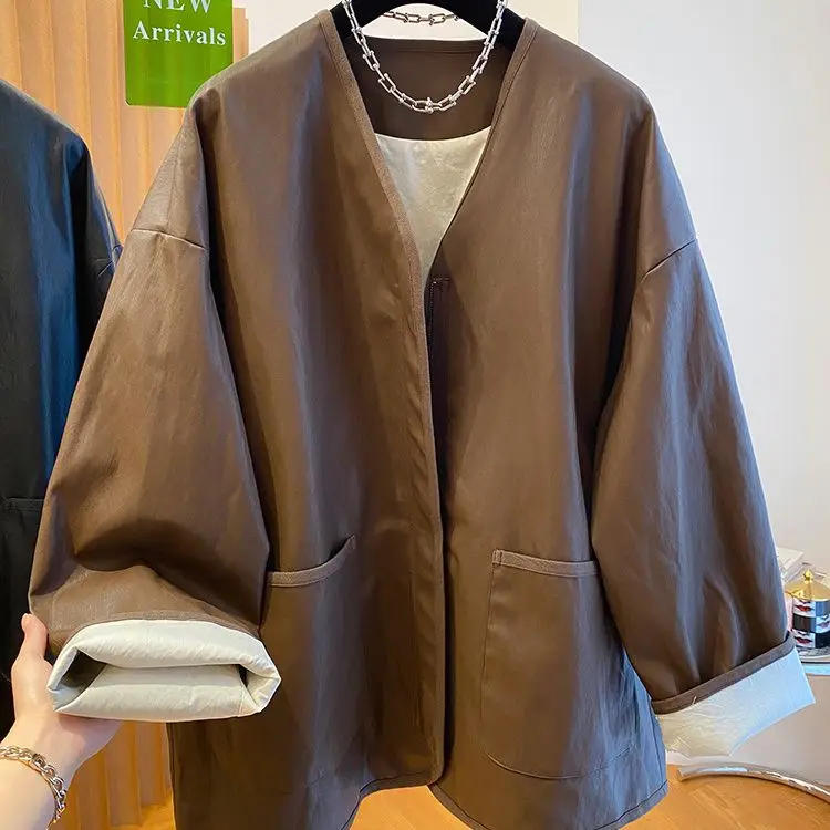 Premium brown leather jacket women's spring and autumn 20245 loose Maillard wear PU leather