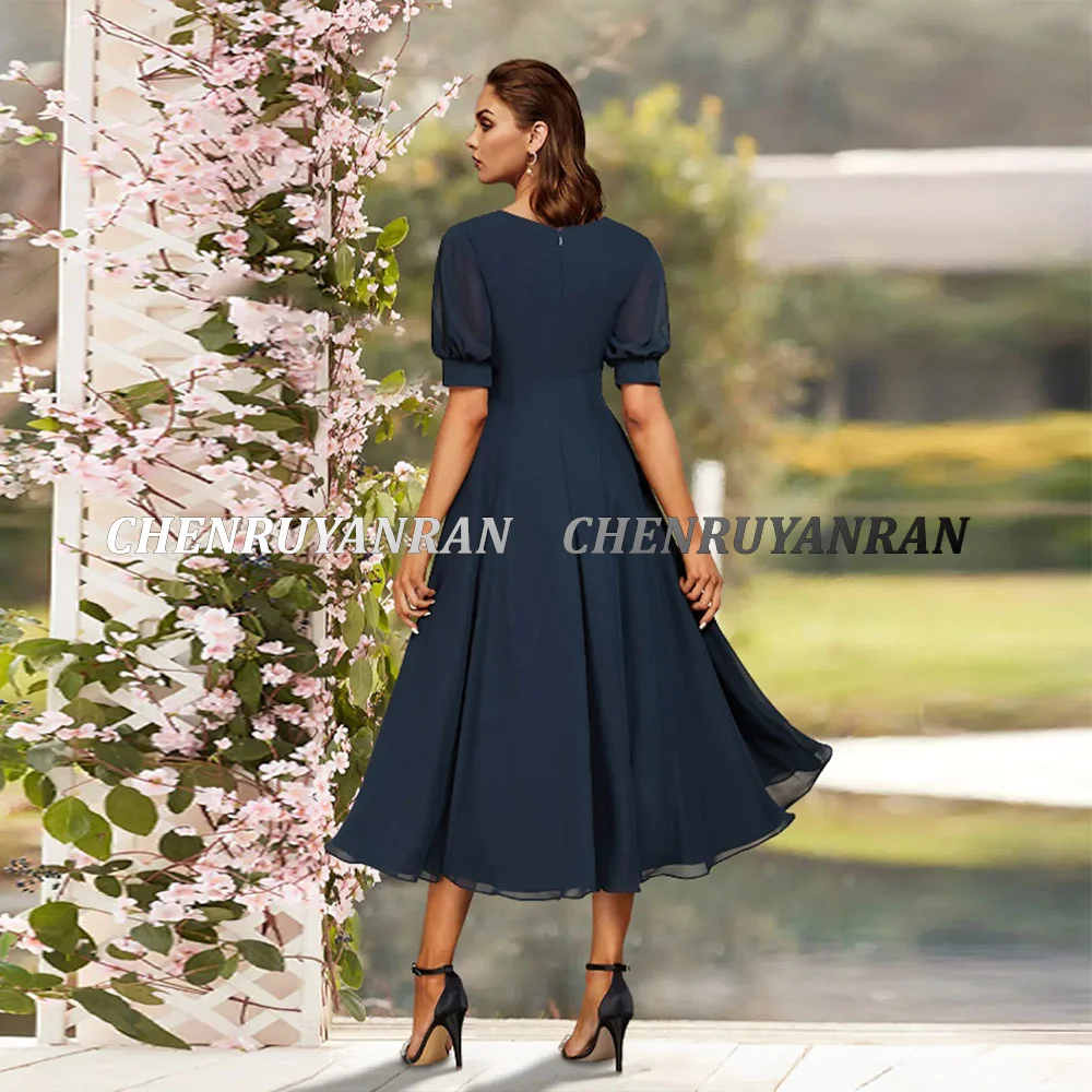Chiffon Mother of the Bride Dresses 2025 V-Neck Simple Wedding Guest Gowns Tea-Length Blue Elegant Dress Women For Wedding Party