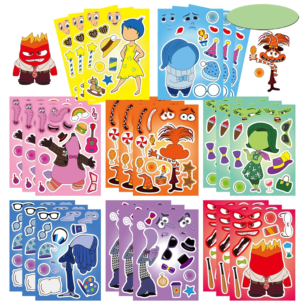 8/16sheets Disney Inside Out Cartoon Puzzle Stickers Make a Face Children DIY Funny Assemble Jigsaw Decals Decoration Toys Gift