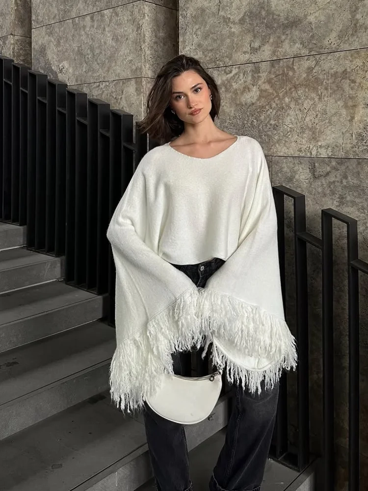 

Модный тонкий шерстяной пуловер с кисточками и рукавами, женский шикарный свободный свитер с длинными рукавами и круглым вырезом, женская повседневная уличная одежда