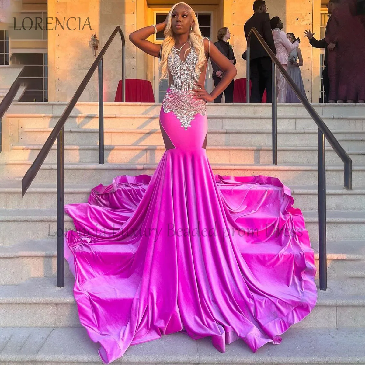 

Pink African Mermaid Prom Dresses Tassel Mermaid Crystal Beaded Black Girls Evening Patry Dresses Sleeveless Robe De Soiree