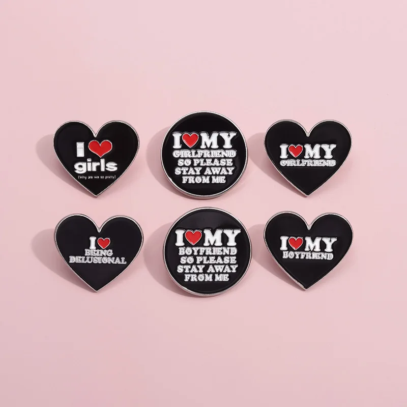 Black Heart Letters Enamel Brooch Creative I Love Lying I Love EMO Boys Metal Badge Punk Round Lapel Pins Jewelry Gifts For Kids