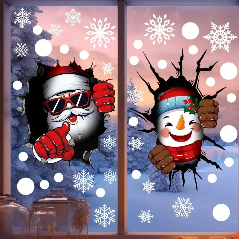 Christmas Wall Stickers 3D Crack Santa Claus Snowman Elk Window Glass Electrostatic Stickers Merry Christmas Happy New Year 2025