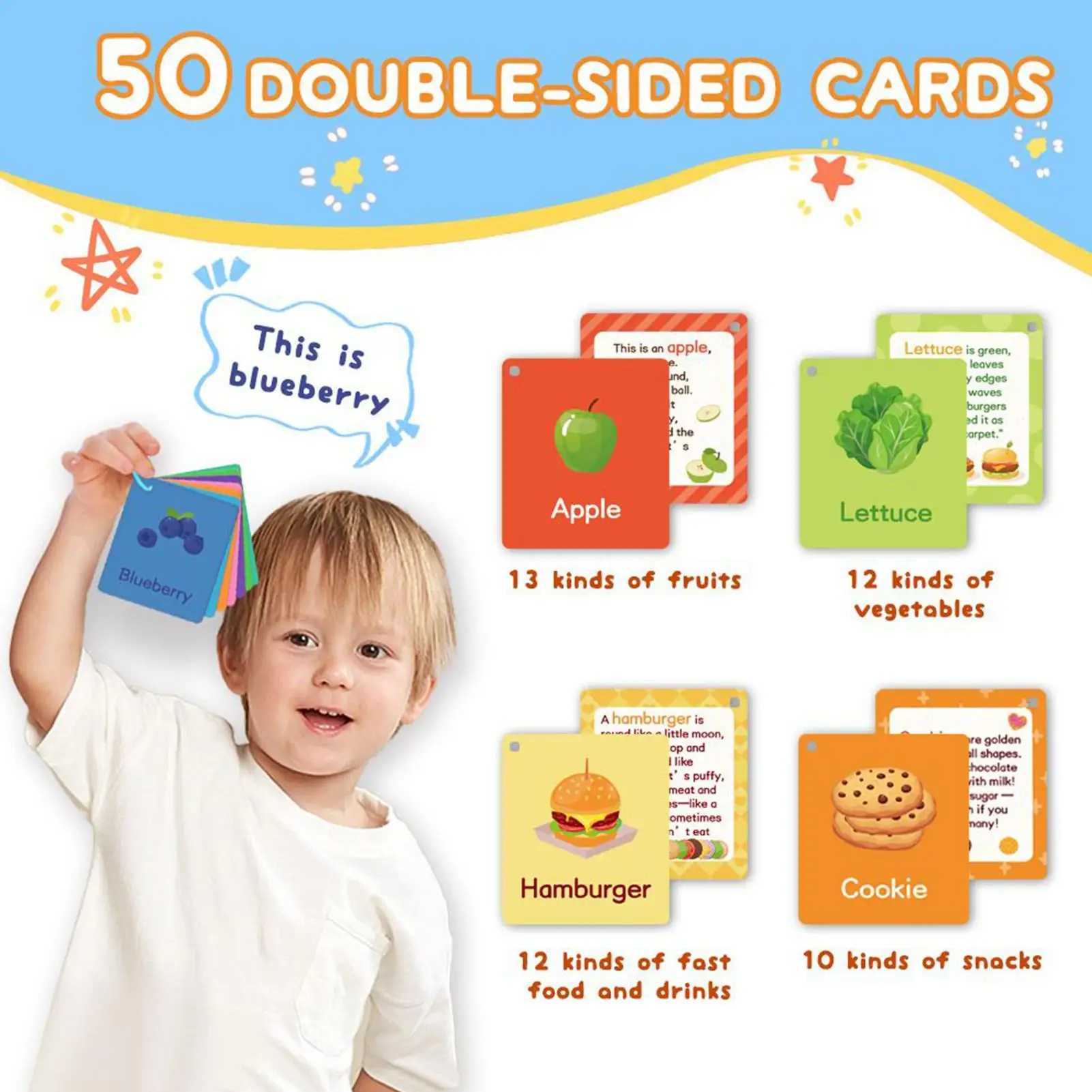 

Toddler Learning Cards Food Theme Flash Cards Preschool Learning Toys 50 Pieces Double-Sided Education Game Activities For Baby