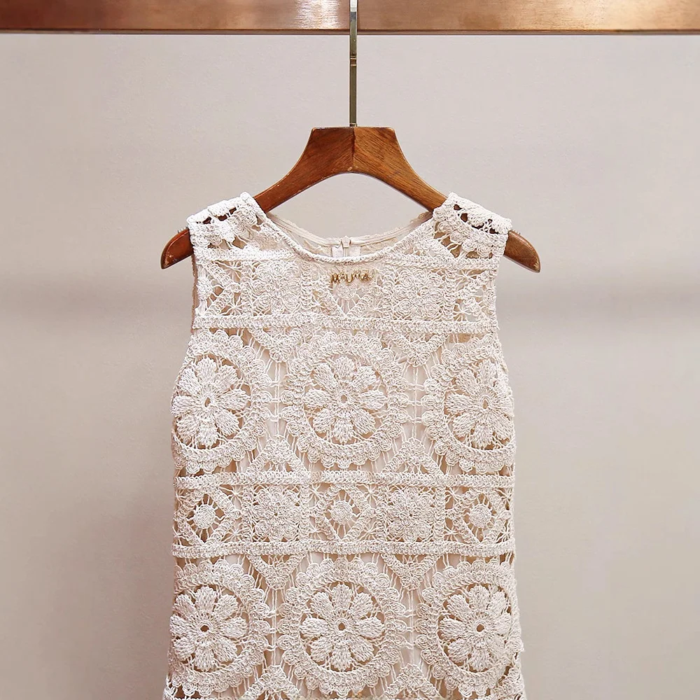 High-end feminino verão nova flor de gancho em camadas saia oco colete de malha dr fem faion commute sle meados de cintura