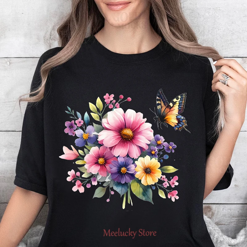 Fragrant and beautiful in the flower bushes, printed with Korean loose women's pure cotton top and soft women's T-shirt