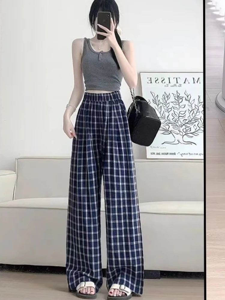 

Deeptown Blue Plaid Women Pants Vintage Harajuku Oversized Wide Leg High Waist Straight Trousers Korean Fashion Jogging Casual