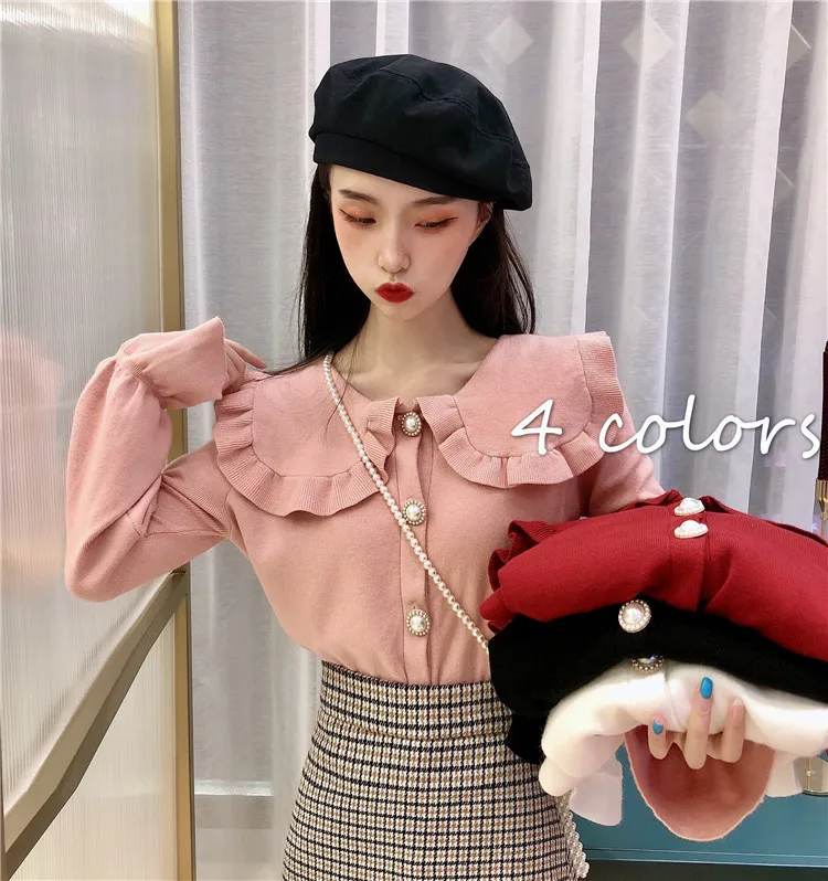 Girls Spring Peter Pan Collar Sweaters Cardigans Lady Single-breasted Full Flare Sleeve Sweet Knitted Outwear Tops for Female