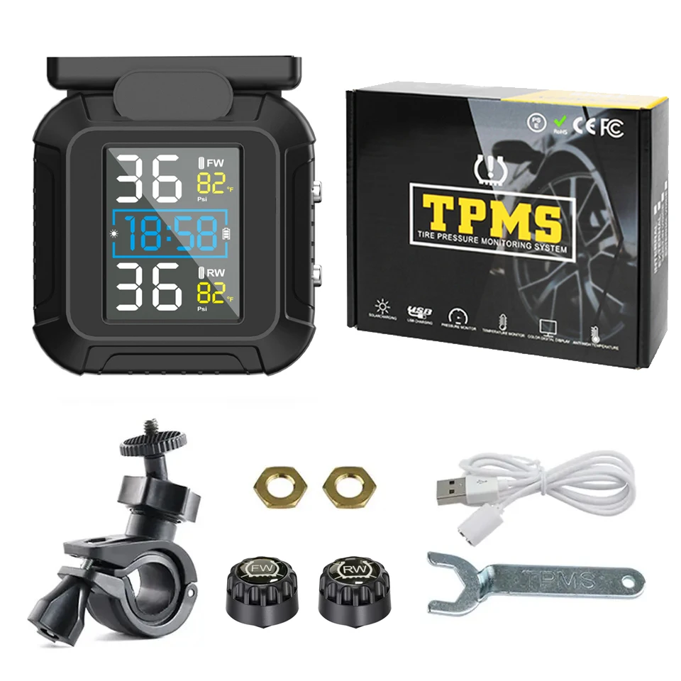 

Солнечная энергия Мотоцикл TPMS Солнечная энергия Монитор давления в шинах с 2 внешними датчиками Система сигнализации контроля давления в шинах