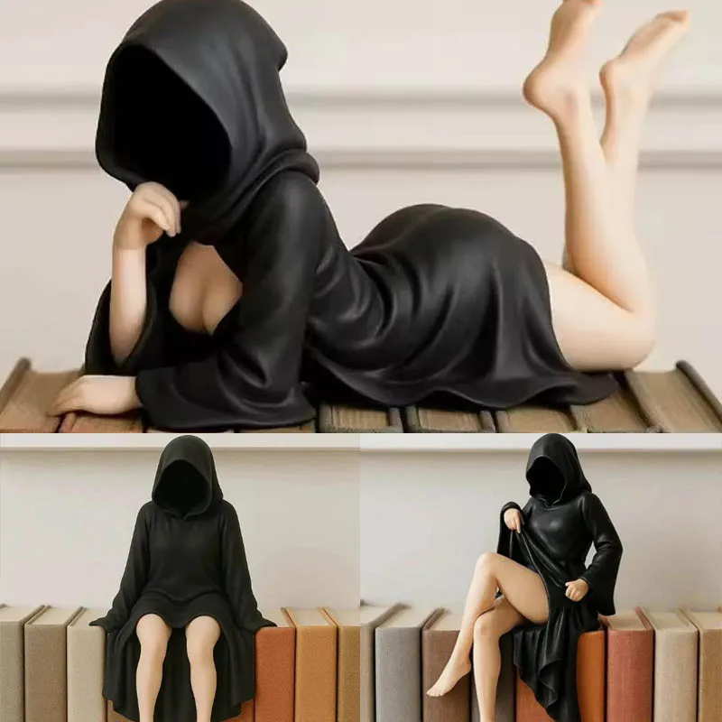 1 قطعة تمثال فتاة الهالوين النساء يجلس الشكل الحلي تمثال غامض الموت القوطية الأسود رداء الملكة رف الكتب النحت #6