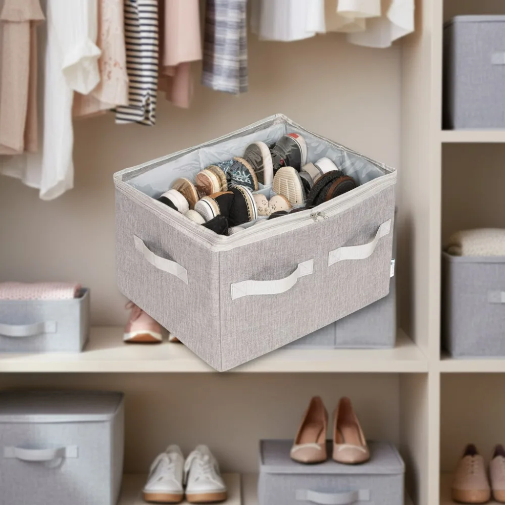 

Shoe Organizer with Clear Cover & Adjustable Dividers for Shoes, Handbags, Blankets - Medium Grey Holds 16 Pairs
