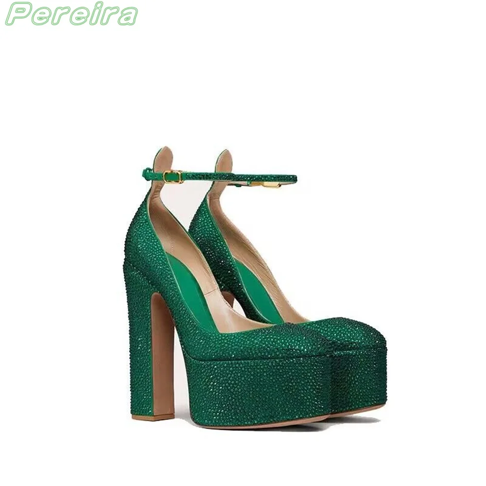 Pereira Purple Rhinestone Platform Sandals Pointed Toe Buckle Strap Shallow Cover Heel  2024  Women Solid High Heels Square Heel