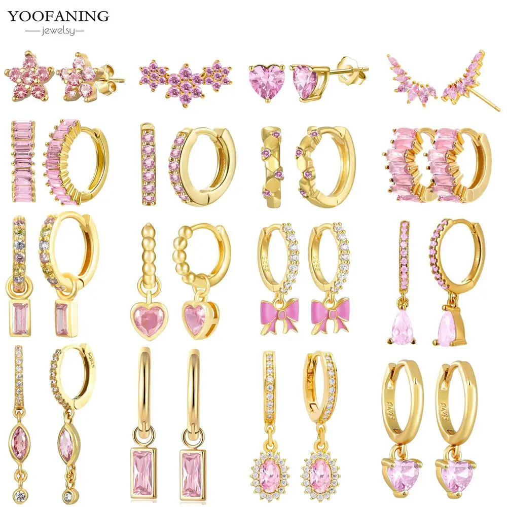 

925 Sterling Silver Ear Needle Sweet Romantic Hoop Earrings Pink Zircon Exquisite Pendant Cute Earrings for Women Jewelry Gift
