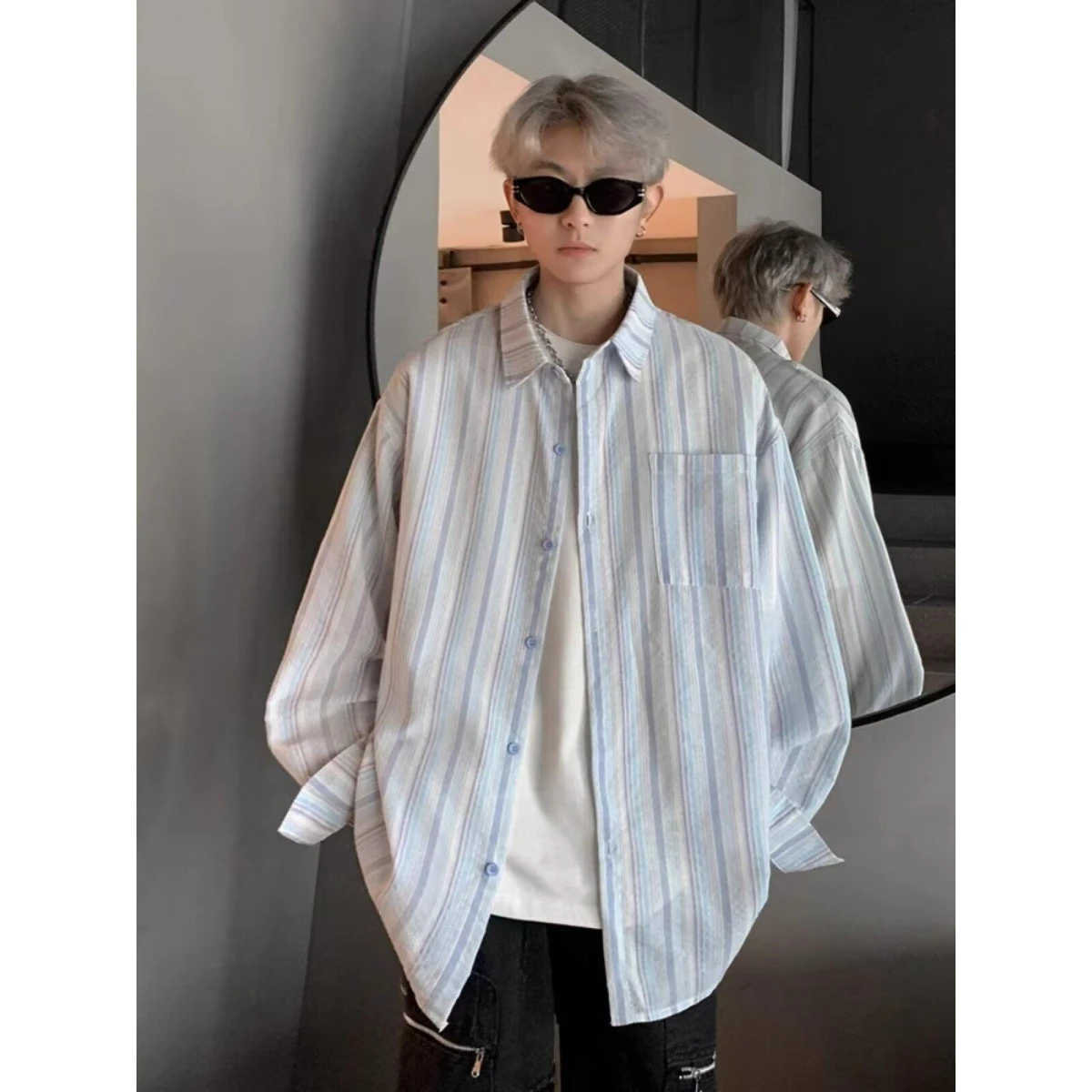 

Japanese Sle Light Stripe Men's irt Jaet Casual Loose Long Sve ket Design Spring Faion Polyester Fiber Stand...