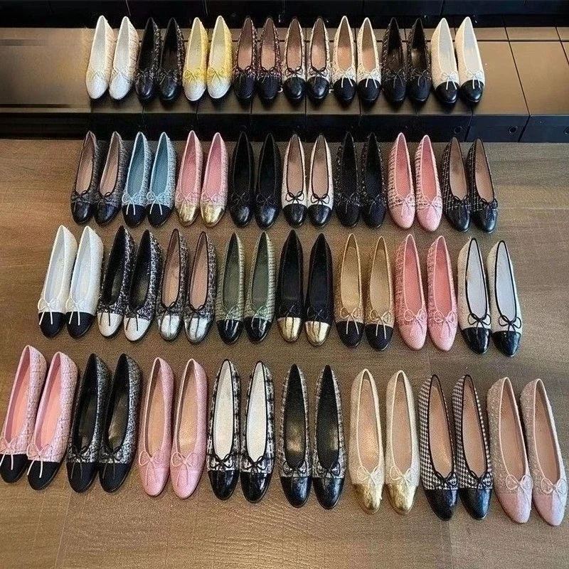 Zapatos de Diseñador de Lujo con Lazo, Suela Plana, de Cuero Genuino para Mujer, Punta Redonda, Boca Baja, Zapatos de Ballet, Tallas 35-42