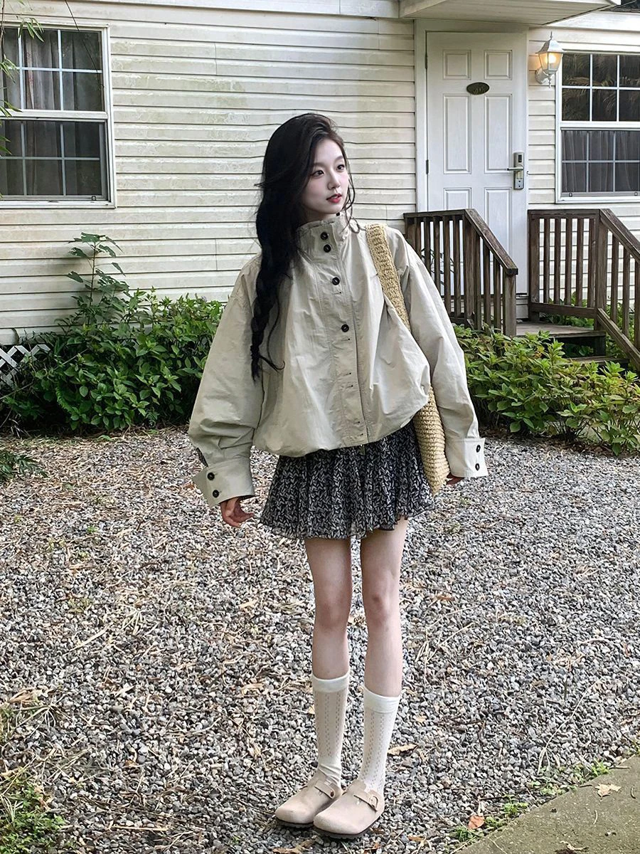 Talla grande 300 Pou American Retro Stand Collar Ropa de trabajo Jaet Mujeres Casual Versátil Suelto Ajuste Jaet Top Commute Sle Po...