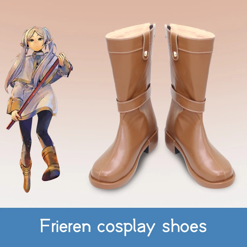 Hot Anime Frieren Cosplay Shoes customize Handmade Brown Women Prop Shoes accessory mid-calf boots