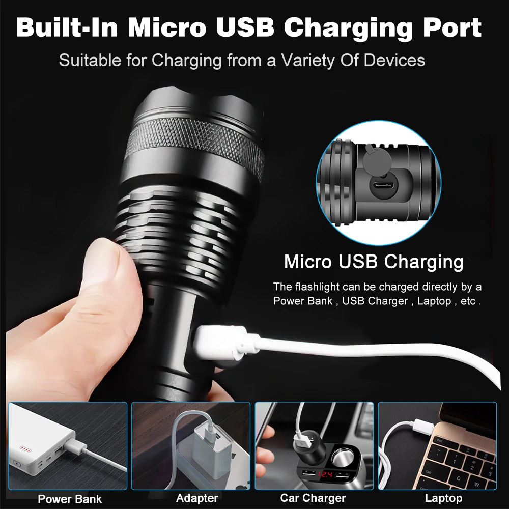 Mini lampe de poche LED portable, torche à eau intégrée, charge micro USB, lampe de poche étanche pour camping en plein air, lampe de pêche