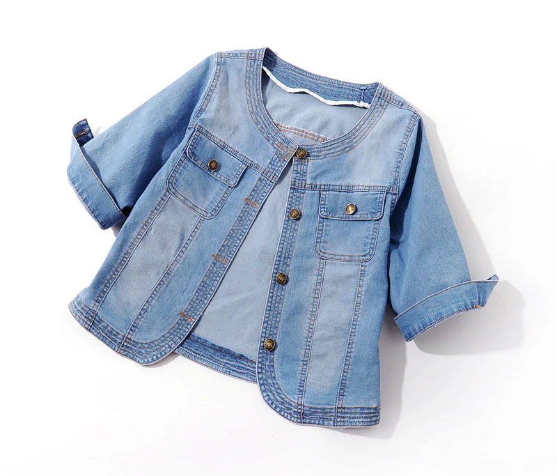 

Korean Sle Versatile Elastic mid Sve ort Soft Denim Jaet Women Summer Thin f Sve round Ne Small awl Top Tr...