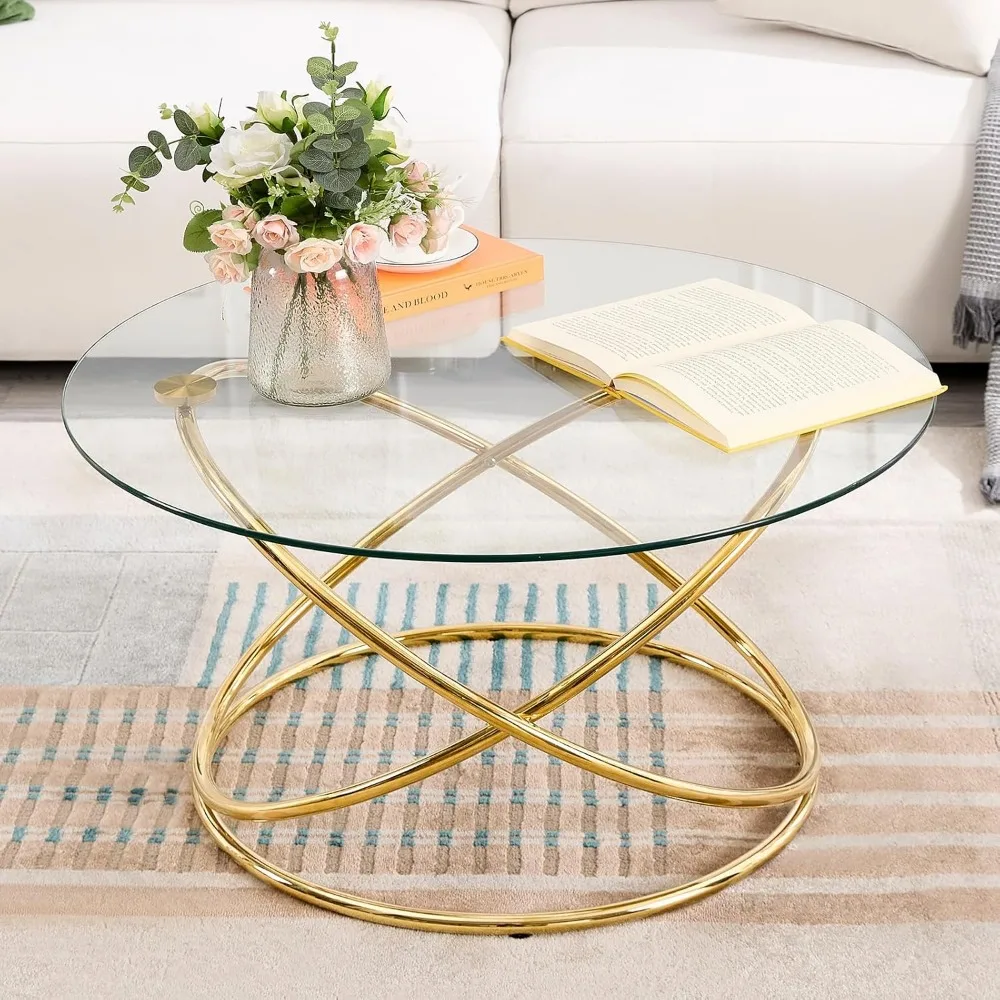 

31.5'' Round Glass Coffee Table with Gold-Plating Bright Metal Oval Frame, Modern Circle Gold Coffee Table for Living Ro