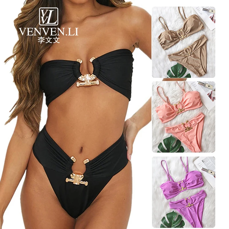 

Women's separate swimsuit Bikini high quality new sexy high waisted hollow metal accessories swimsuit women's separate swimsuit