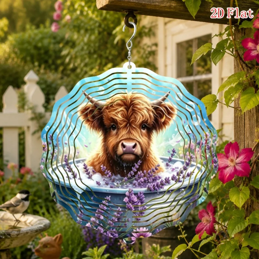 CIFBUY Highland Cow Wind Chime 2D Printed Creative Rotating Hanging Ornament Non Electric 360 Spin Garden Patio Outdoor Decor