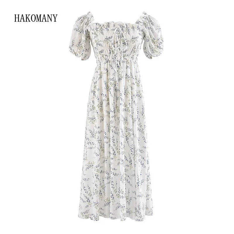 2023 Women Bow Elastic Ruched Chest Body Holiday Robe BOHO Spliced Wood ears Puff Sleeve Grass Flower Print Midi Dress Hippie