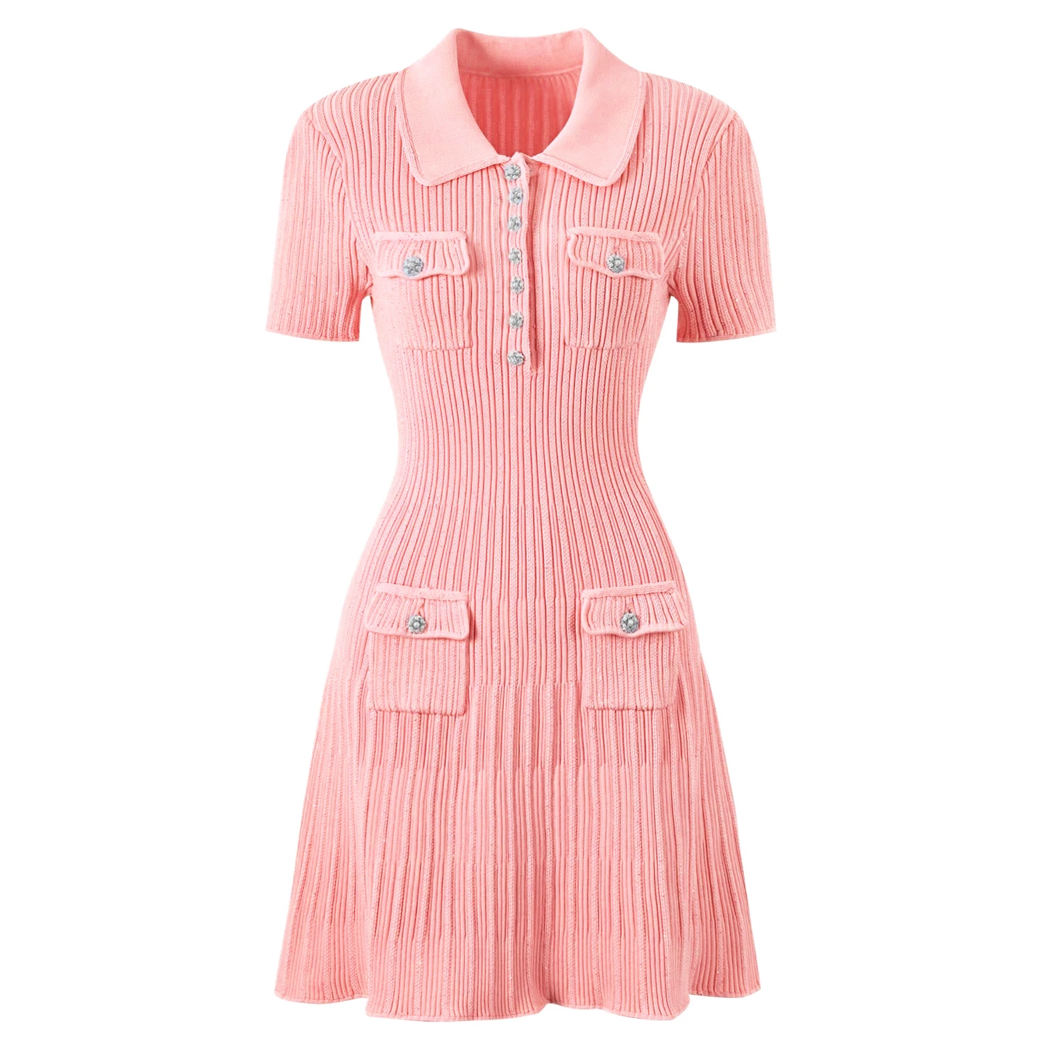 

Summer New Fashionable Solid Color Commuter Pocket Button Collar Short Sleeve Small Fragrant Knitted Short A-Line Dress
