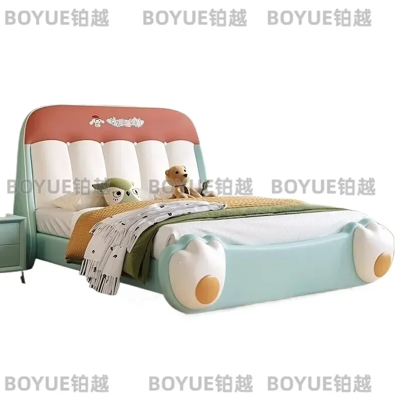 Cartoon Biscuit Kids Bed Solid Wood Suspended Design Boys Girls Bedroom Furniture Leather Art Storage Creative Modern Style