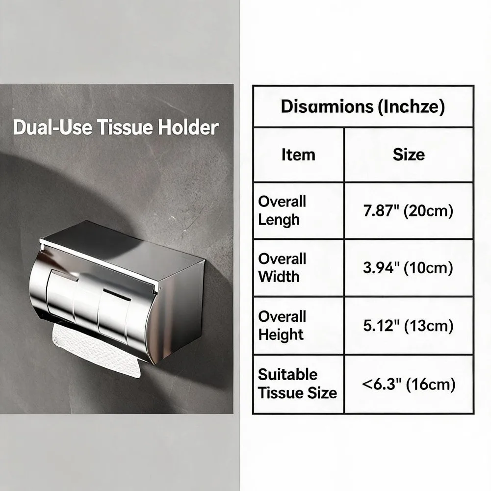 SUS304 Stainless Steel Toilet Paper Box with Top Shelf for Smartphones Keys Waterproof Enclosed Design 7.87x3.94x5.12 inches