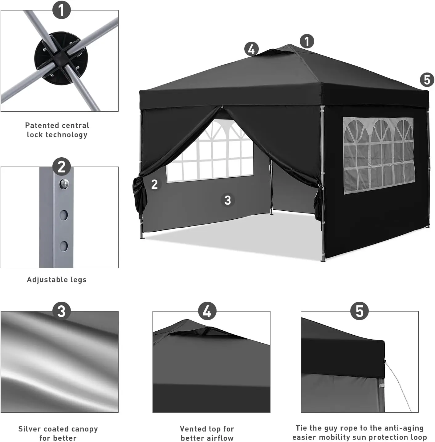 خيمة طلاء منبثقة للمناسبات ، مأوى فوري ، ستائر خارجية محمولة ، مظلة سوداء ، مع 4 جدران جانبية قابلة للإزالة ، 10 × 10 أقدام