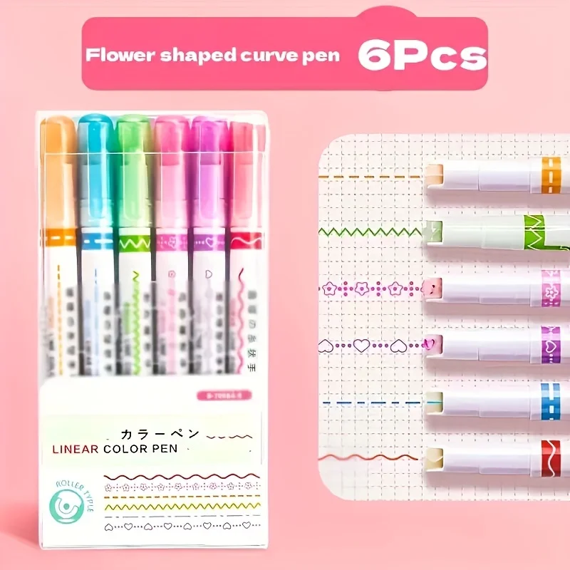 6Pcs/Set Flower Line Shape Highlighter Pen Roller Tip Curve Liner Marker Kawaii Korean Stationery School Office Supplies Gifts image 3