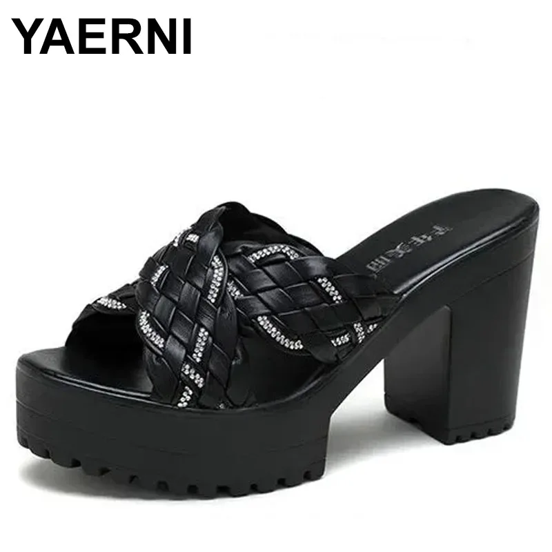 

10cm Small Size 32-43 All Match Elegant Chunky Platform Slides Women Knit Shoes Block High Heels Slippers Office Model