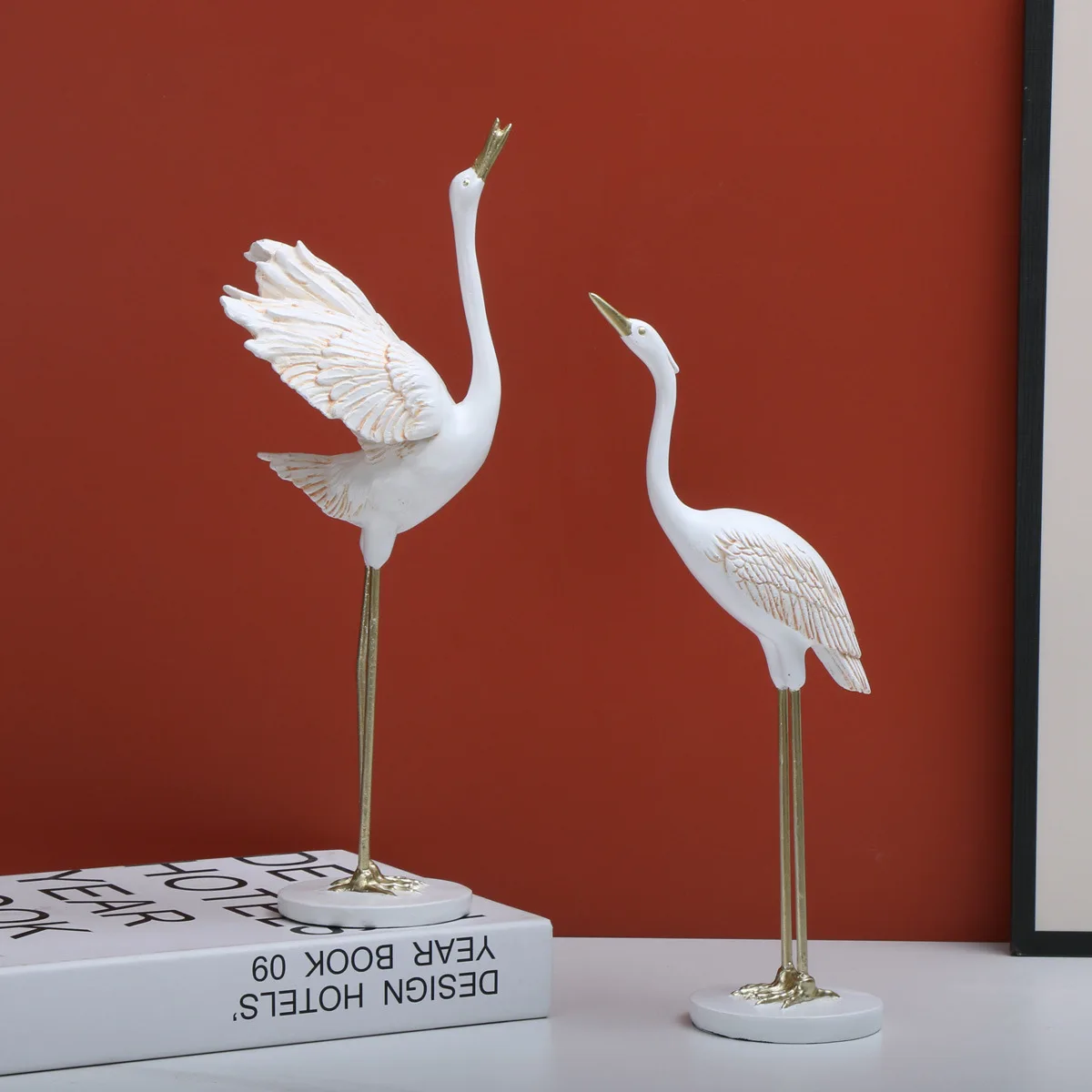 White long-legged crane sculpture handicraft decoration. Artificial animal white crane  exquisite decorative ornaments. effigy