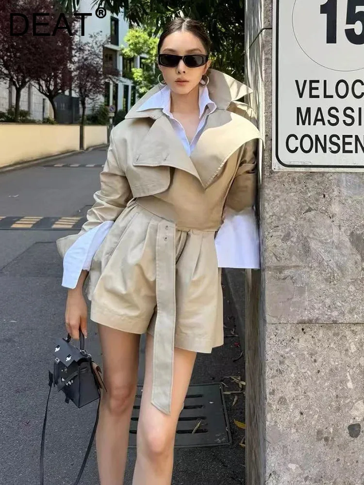 DEAT Fashion Shallow Khaki Trench Coat Playsuit Women's Lapel Loose Double Breasted Sashes Rompers Autumn New 7A908