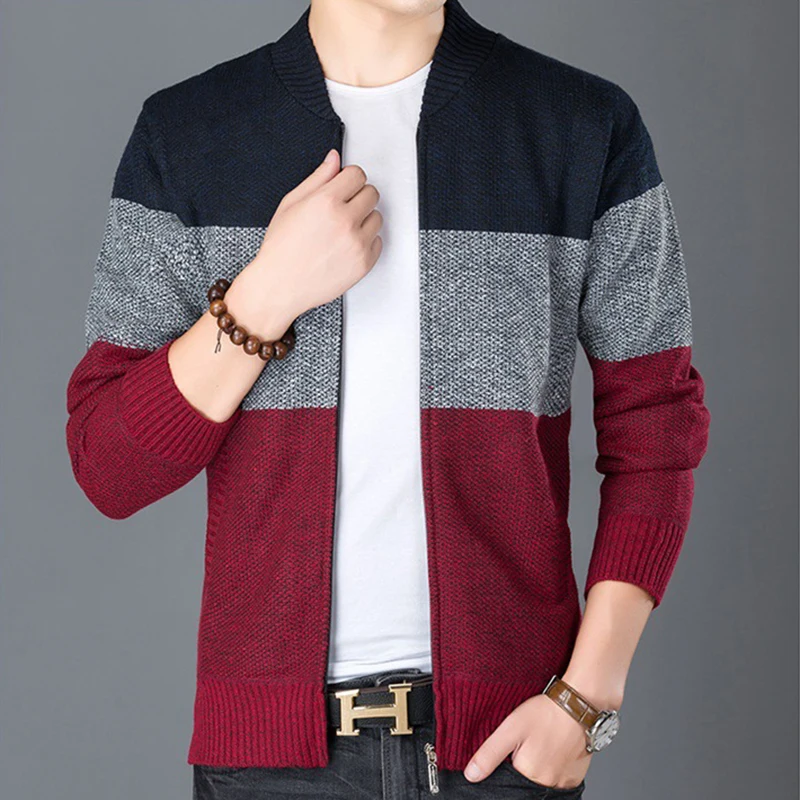 

Autumn Winter Men's Vintage Color Block Sweater Cardigan Korean Slim Zip Up Cardigan Jacket Man Long Sleeve O-Neck Sweater Coats