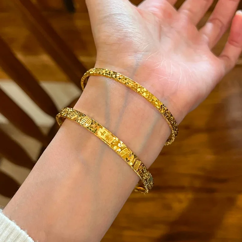 women crushed ice lucky words open gold bangle made of 24K pure gold AU999 brings protective fortune for ladies in zodiac year.